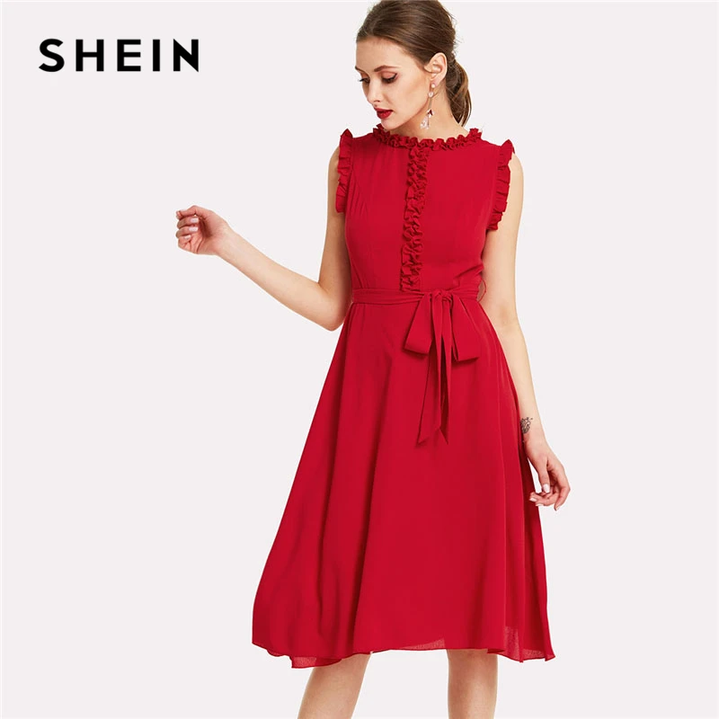 Buy SHEIN Red Frill Self Belted Dress Women Round Neck