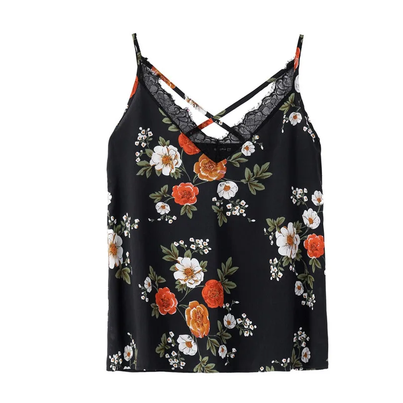 New Womens Girls Summer Daily Casual Sexy Plus SizeSleeveless Floral Print Lace Patchwork Camis Crop Top tops #4F05 (2)