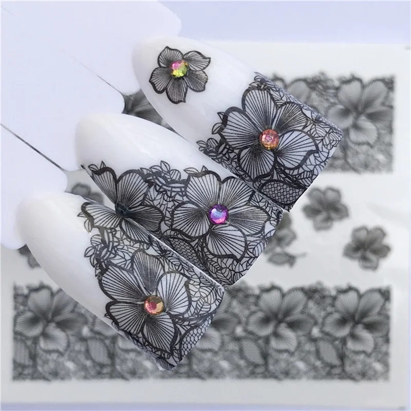 

2019 Summer New Lace Flower Design Nail Sticker Decal Water Transfer White Black Tips Women Makeup Tattoos