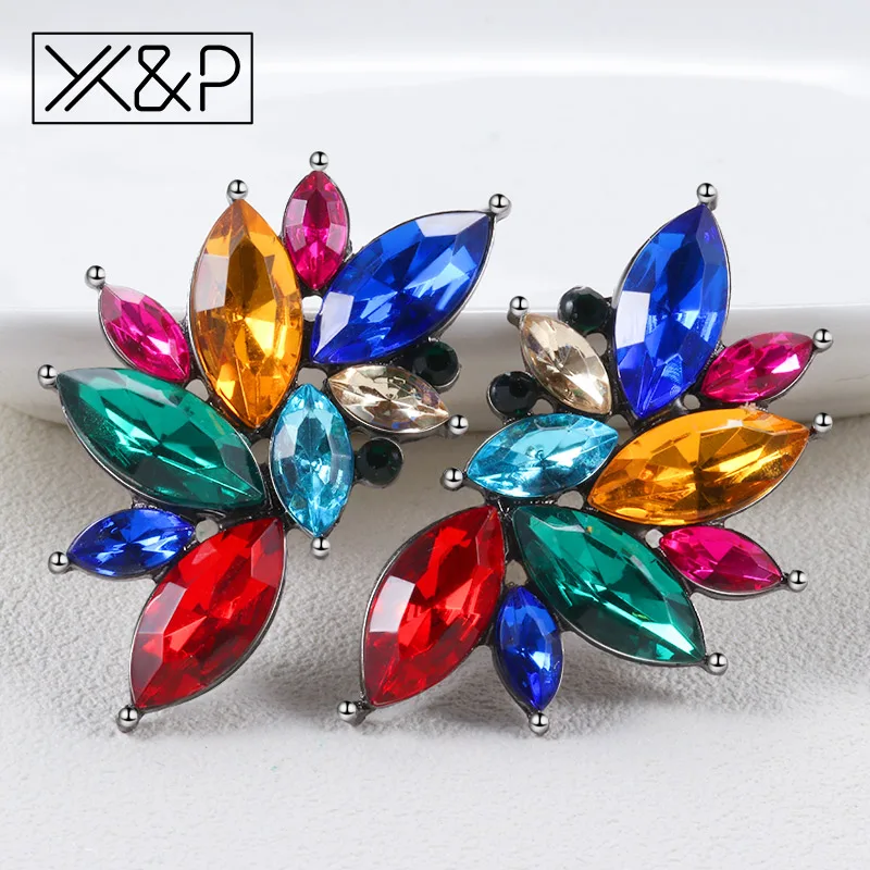 

X&P Elegant Fashion Brand Cute Geometric Cubic Zirconia Stone Stud Earrings for Women Girl Color Flower Opal Earring Jewelry