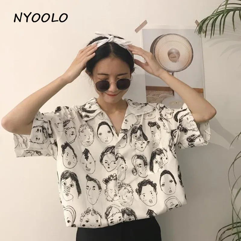 

NYOOLO Casual comics graffiti print shirt Cartoon short sleeve turn-down collar shirt women clothing tops
