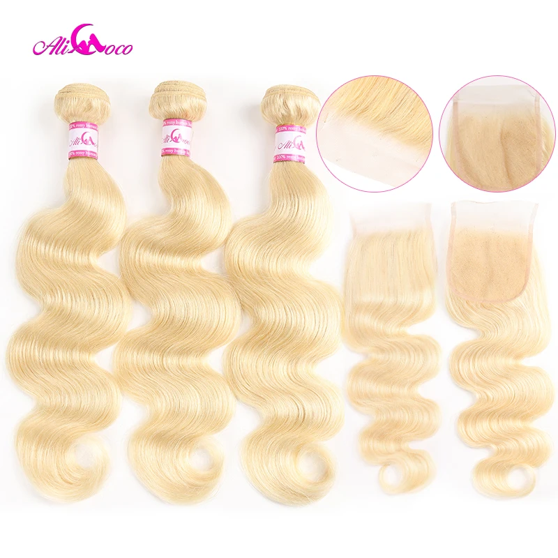 

Ali coco Brazilian Body Wave #613 Blonde Lace Closure with 3 Bundles 100% Human Hair Weaving 613 Bundles with Closure