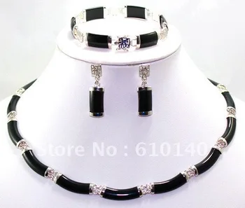 

2PCS Charming black m bead necklace 17" bracelet 7.5inch & earring set