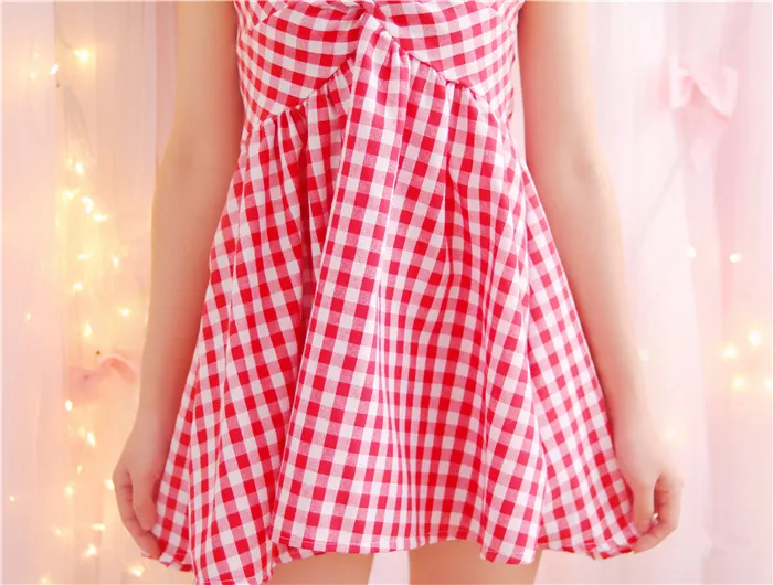 Летнее красное клетчатое платье в деревенском стиле; модные милые корейские платья для подростков; платья для маленьких девочек