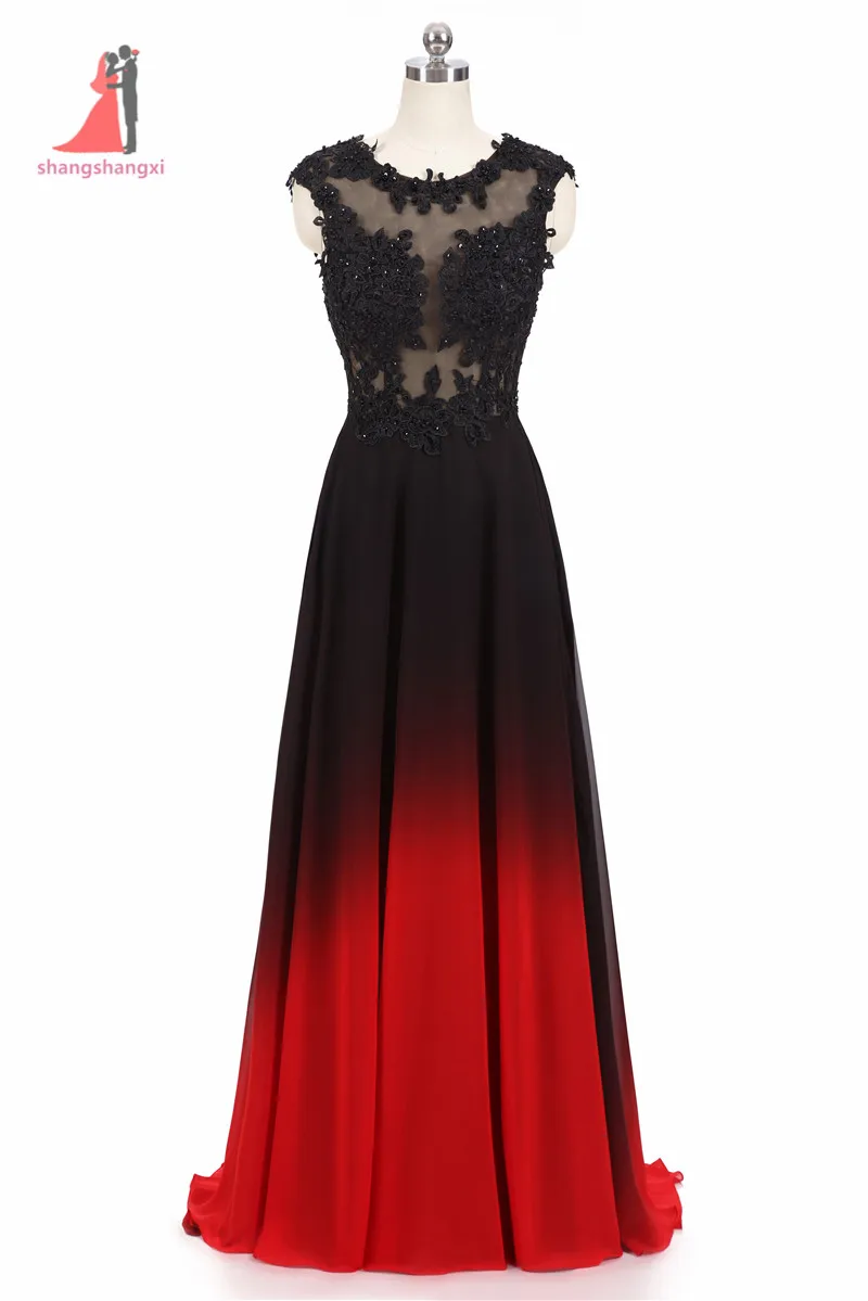 2017 New Long Evening Prom Dress O Neck Lace Appliques Top Black&Red ...