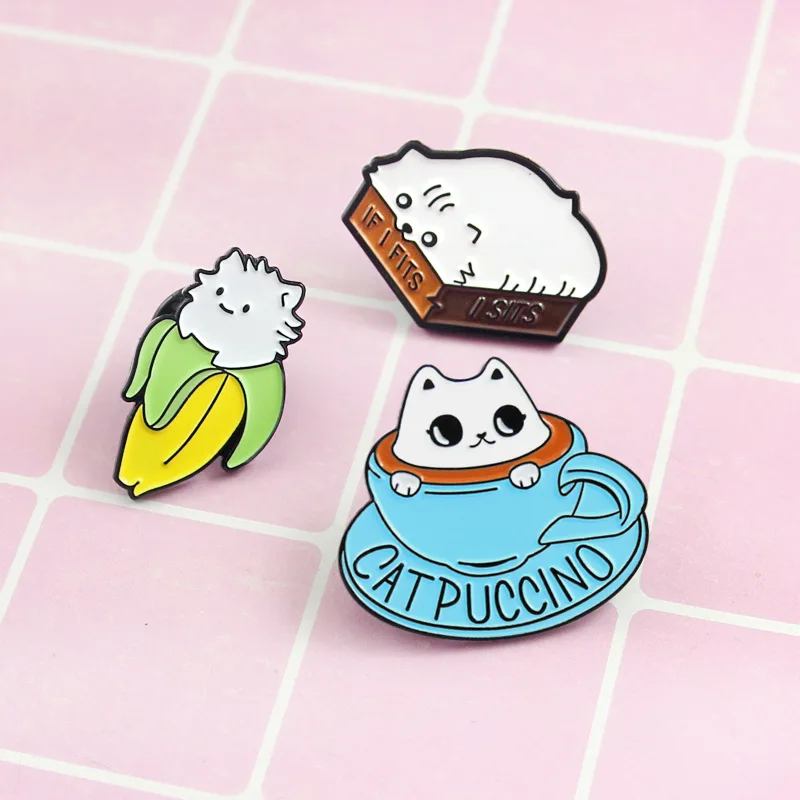 

Cartoon Animal Cat Brooch Coffee Cup Banana Enamel Pin button Badge For Kids Friends fashion Jewelry bag hat shirt accessories