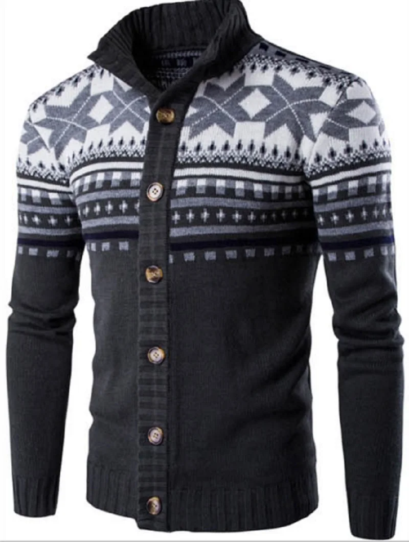 Весна, шикарный уличный стиль, модный мужской кардиган с геометрическим принтом, Повседневный свитер с воротником "Мандарин", вязаный свитер - Цвет: Темно-серый