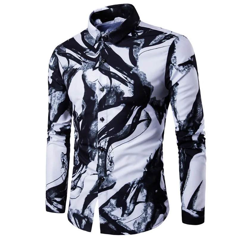 

Dropshopping Men Shirts Luxury Brand Long Sleeve Tops 2019 Fashion Ink Printed Slim fit Casual Shirts China Style Men's Clothing
