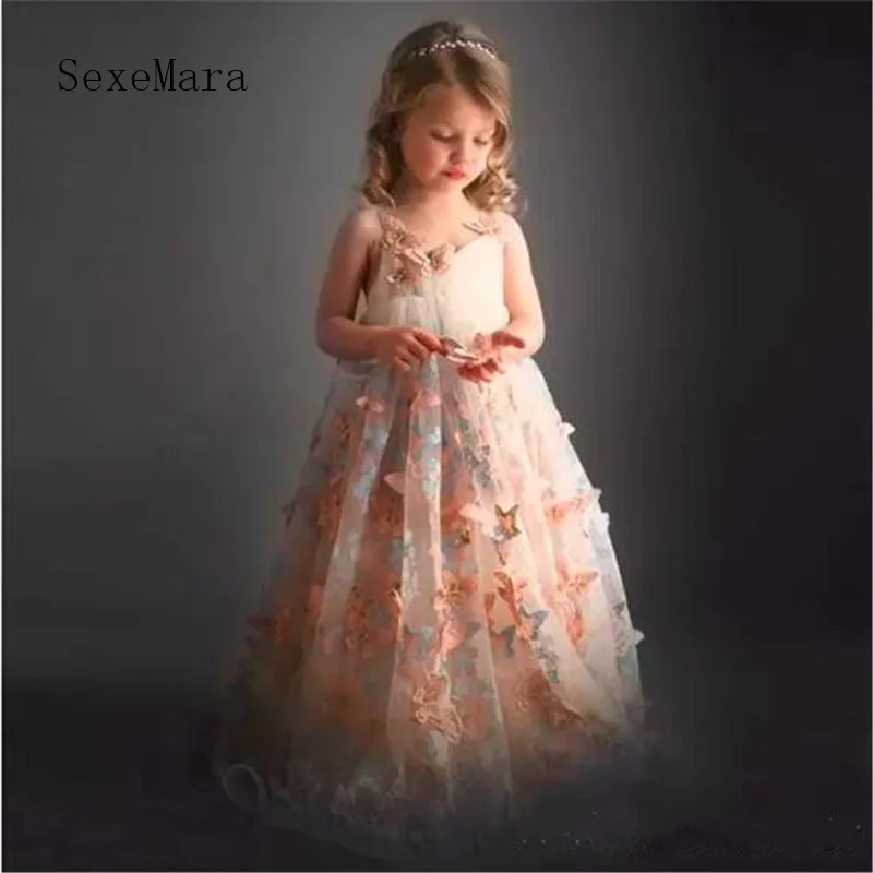 Уникальный цветок платье для девочек Румяна с кружевными оборками бабочки бретельках Sash спинки Девушки вечерние платье по