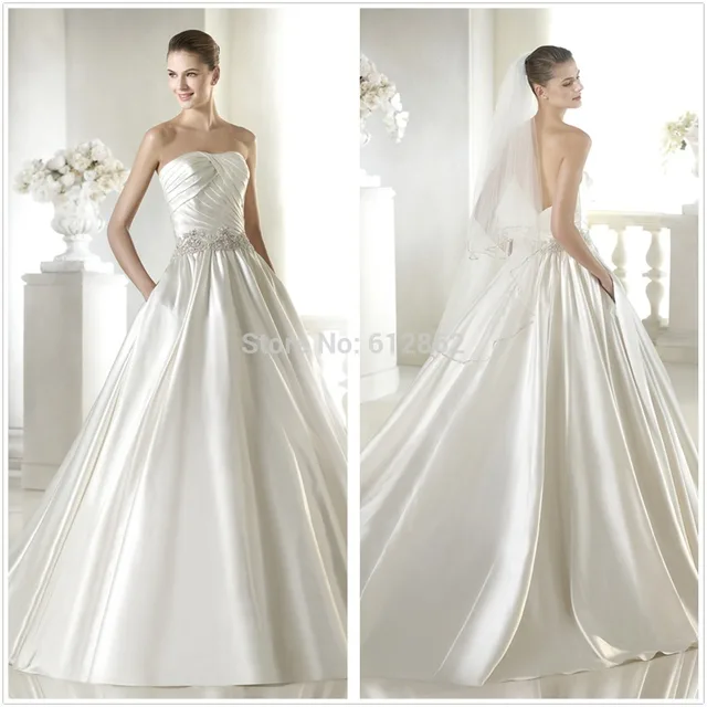Strapless Low Back Ruced Satin Corset Beads Embellished Waist Strapless Low Back Ruced Satin Corset Beads Embellished Waist Wedding Dresses With Pockets