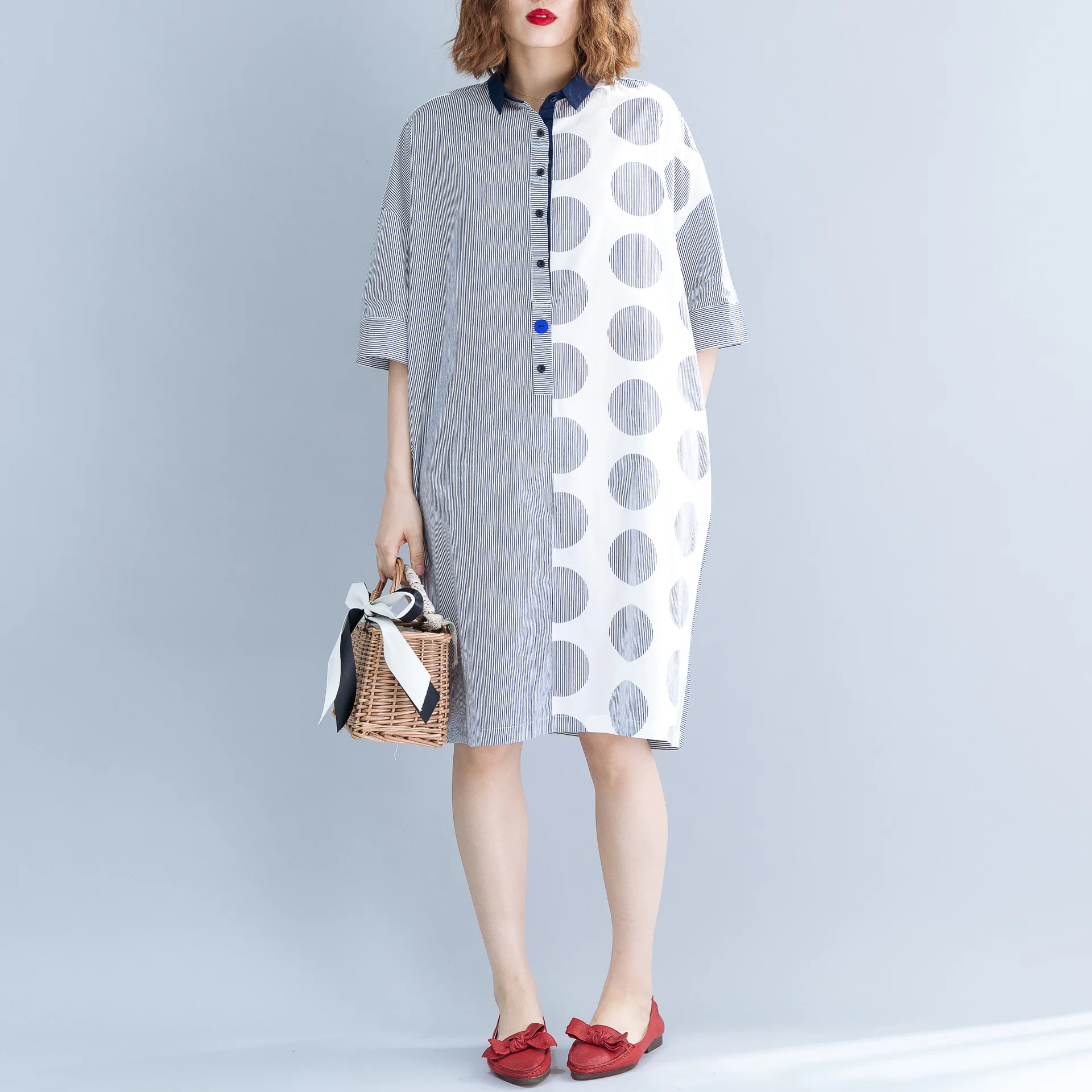 

Johnature Summer New Patchwork Shirt Dresses For Women Loose Casual Turn-down Collar Half Sleeve Simple Button Dresses 2019