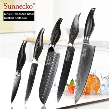 

SUNNECKO 5PCS Kitchen Knives Set Chef Santoku Utility Knife Damascus Japanese VG10 Steel Pakka Wood Handle Cooking Accessories
