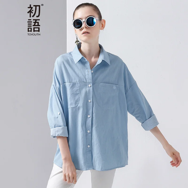  Toyouth BF Wind Double Pockets Denim Blouses Casual Solid Women's Long Sleeve Shirt Autumn Loose Em