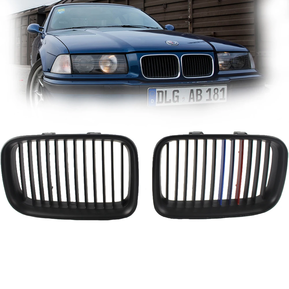 

Pair Front Matte Black M-color Kidney Sport Hood Grill Grille For 1992 1993 1994 1995 1996 BMW E36 3 Serise