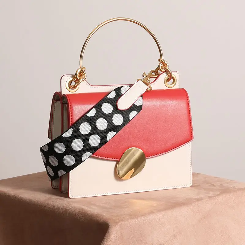 

WOONAM Women Fashion Handbag Top Hide Genuine Calf Leather Contrast Color Scarf Charmed Top Handle Flap Bag WB983