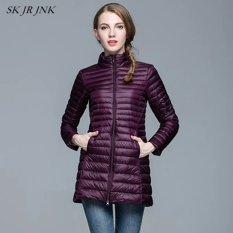 Winter Women White Dark Down Jacket Long Sleeve Warm Slim Coat Waterproof High Quality Overcoat