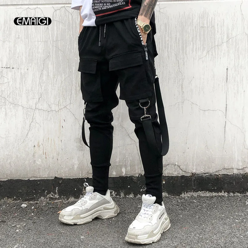 Hombres Multi-Bolsillo diseño de cintura elástica pantalones Harem calle Punk Hip Hop Pantalones Casual pantalón hombre bailando pantalón - 1