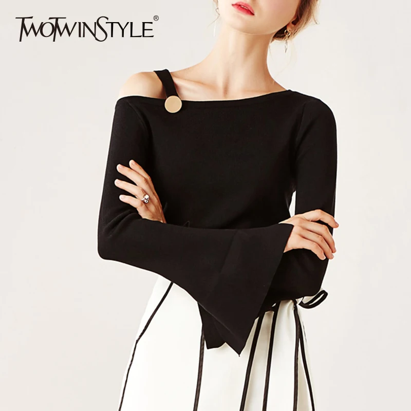 

TWOTWINSTYLE Irregular Knitting Sweater Female Off Shoulder Flare Sleeve Slim Pullover Jumper 2019 Spring Fashion Sexy Clothing