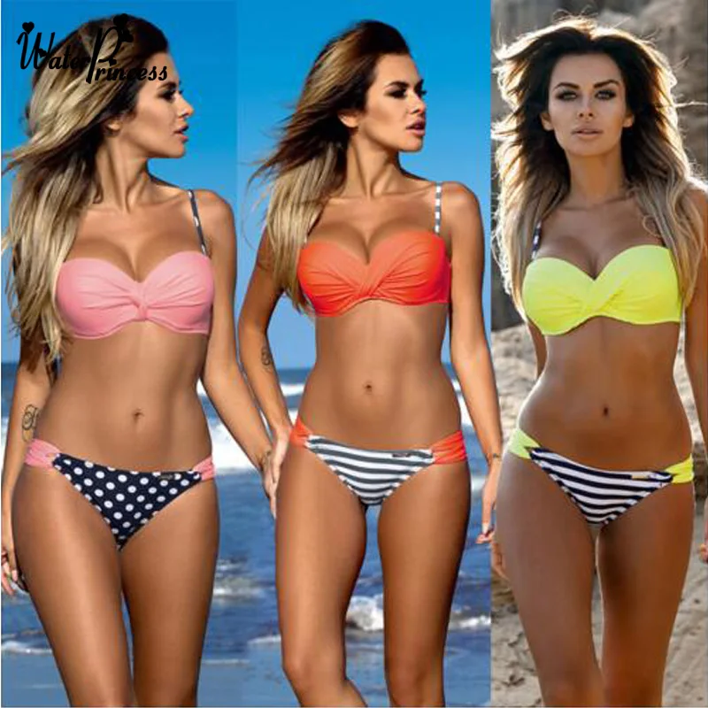 

Water Princess Bikini 2017 Swimsuit Striped Dot Bandage Chest Women Push Up Swimwear Sexy Bathing Beachwear Biquini Female