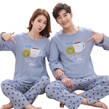 Новое поступление, Весна, хлопковый пижамный комплект с рисунком для пары, свободные удобные парные пижамы с длинными рукавами и круглым вырезом, длинные штаны