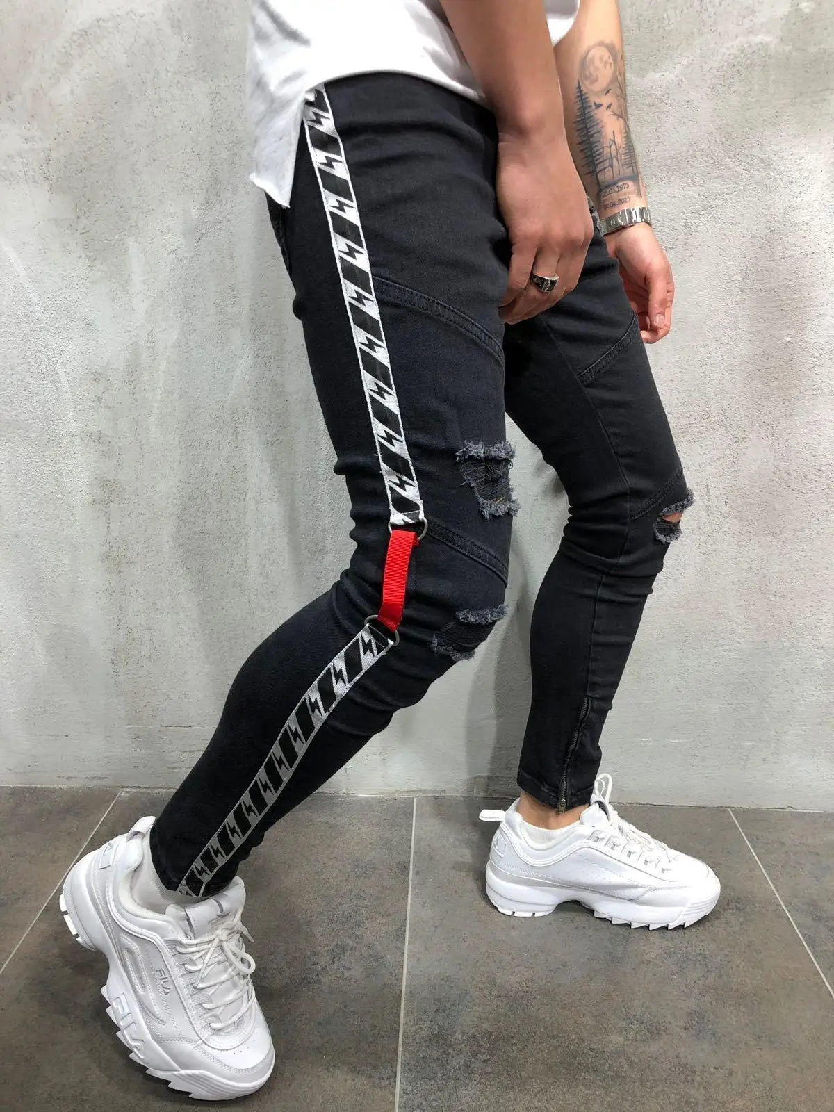 Knee Hole Side Zipper Slim Distressed Jeans Men Ripped tore up streetwear For Men slim stripe pants