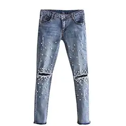 2017 г. Лидер продаж, пикантные Для женщин мода Уничтожено рваные обрушенное Тонкий джинсовые штаны повседневные джинсы брюки