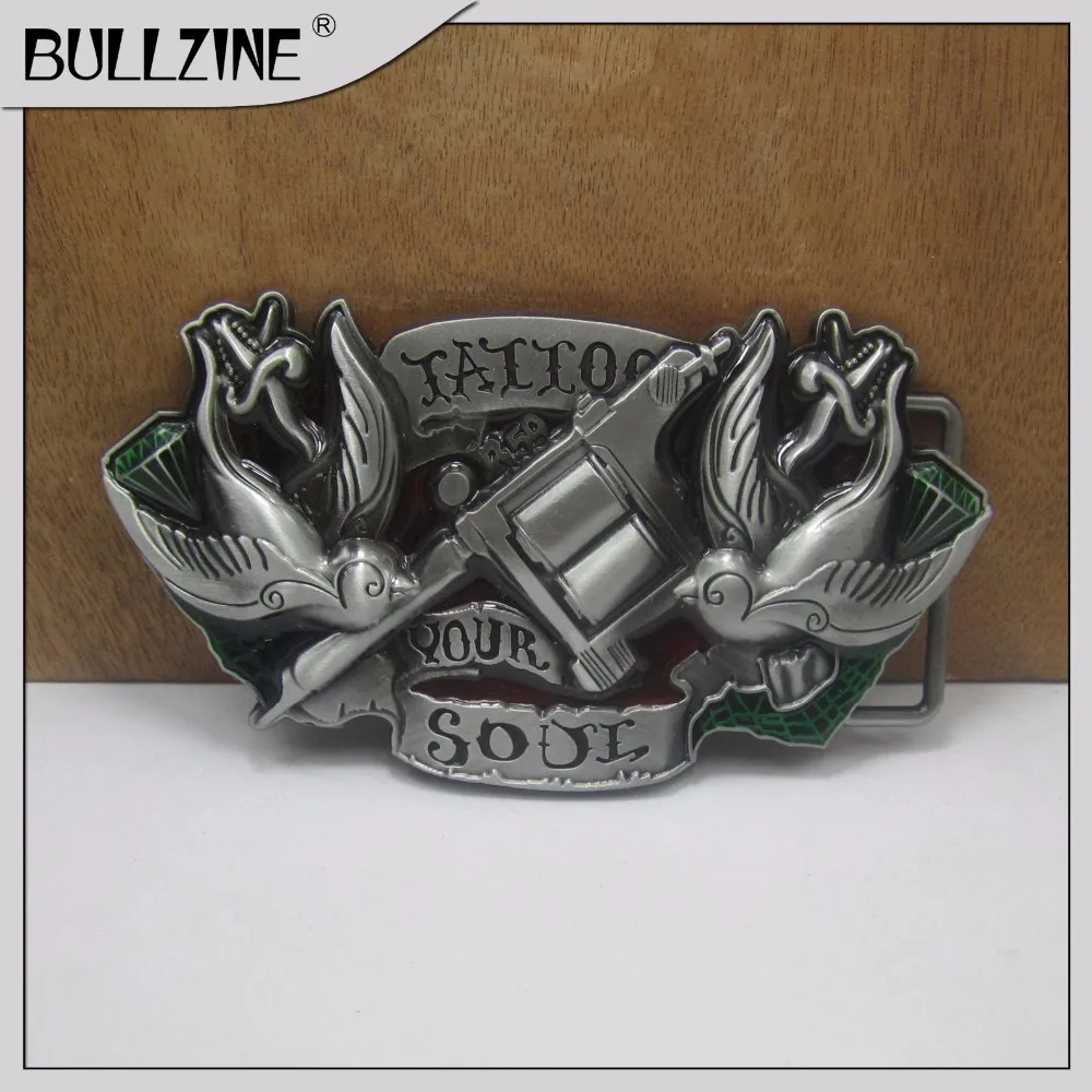 

The Bullzine Tattoo your soul belt buckle with pewter finish FP-03514 suitable for 4cm width snap on belt