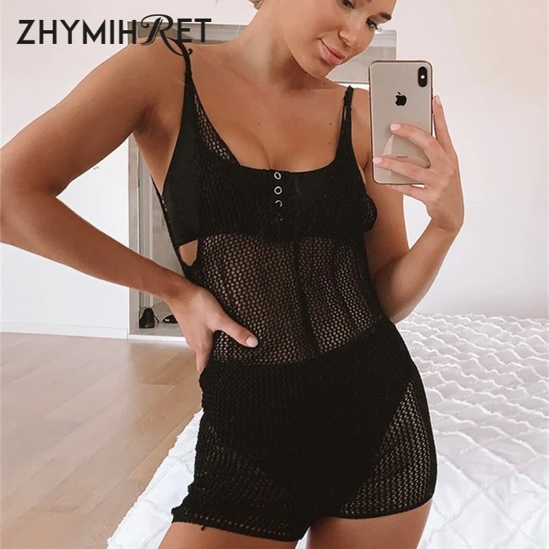 ZHYMIHRET النيون اللون V الرقبة شبكة Playsuit النساء مثير عارية الذراعين انظر من خلال الجسم موهير ارتداءها فام Salopette فام