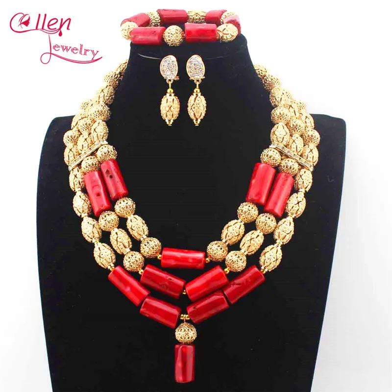 

New Red Coral Pendant Necklace Set nigerian Wedding African beads Jewelry Set Bridesmaid beaded Necklace set E1158