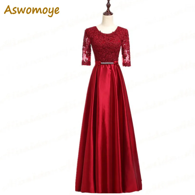 Aswomoye Half Sleeve Evening Dress 2018 Appliques A-Line Prom Dresses Party Dress of the day Floor Length robe de soiree