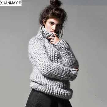 

2020 Women's Winter Sweater custom made Pure Hand-made Large size 5XL Sweater Winter Ultra-thick Warm High-necked Gray Sweater
