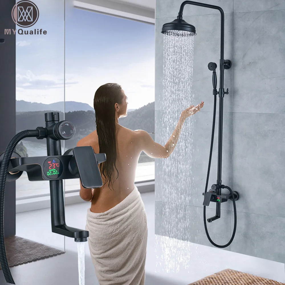 Luxury Bath Shower Mixer Faucet Single Lever Rainfall Bathroom Shower Tap Digital Temperature Dispaly Shower Taps Luxury Bath Shower Mixer Faucet Single Lever Rainfall Bathroom Shower Tap Digital Temperature Dispaly Shower Taps