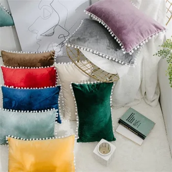 

Grey Green Cute Pompom Ball Pillow Cover Solid Cushion Cover Soft Velvet Home Decorative 45x45cm/30x50cm for Sofa Bed Chair
