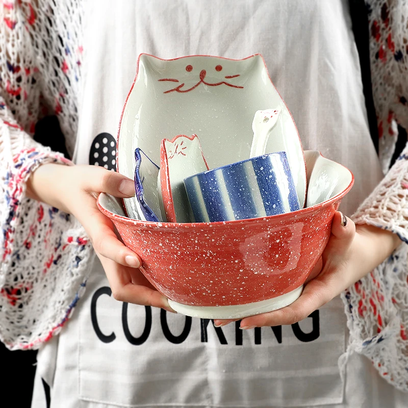 

Japanese personality red blue creative cat ceramic bowl home cute bowl children fruit salad dish snack tray cup set bowl spoon