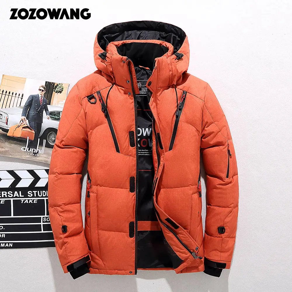 ZOZOWANG пуховик на утином пуху для мужчин, утепленный с капюшоном, длинный рукав, синий пуховик на молнии, карманное пальто, теплая пуховая зимняя мужская куртка - Цвет: Оранжевый