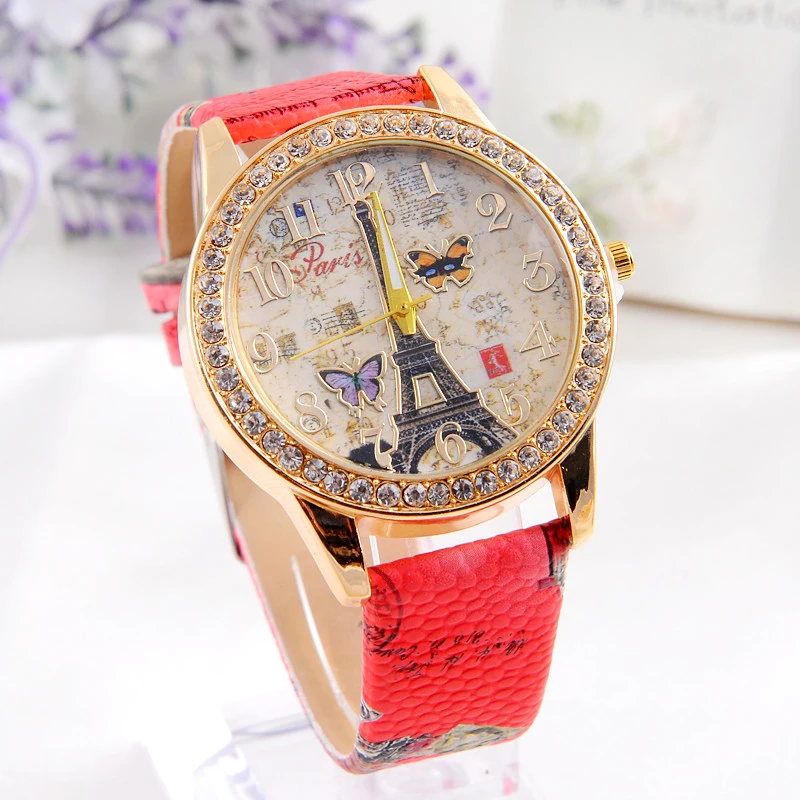 

Luxury Brand PU Leather Women Watch Eiffel Tower Crystal Casual Big Dial Hour Analog Quartz Wrist Watches Relogio Feminino