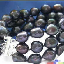 3ROW 13 мм черный барокко пресноводный жемчуг браслет 925SC P2080 благородный стиль Природный тонкой jewe Быстрая