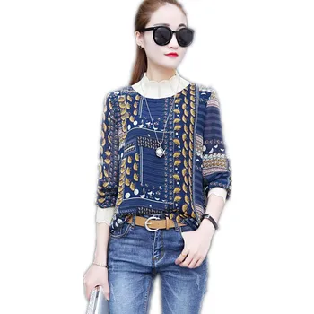 

New Style Chiffon Fashion Print 2019 Spring Autumn Vintage Women Short Blouses Female O-Neck Three Colors Vintage Blouse CQ1420