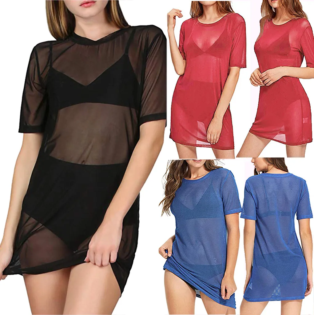 

Summer Dress Women Casual Vacation Bohemian Beach Dress Solid Cover Ups Short Sleeve See Through Sheer Mesh Tshirt Sundress K514