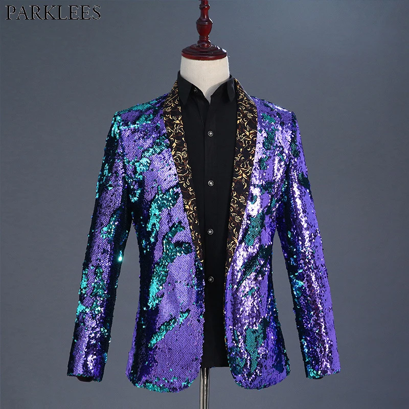 

Purple Sequin Shawl Collar Blazer Jacket Men Wedding Groom Party Tuxedo Blazer Mens DJ Nightclub Prom Stage Singer Costume Homme