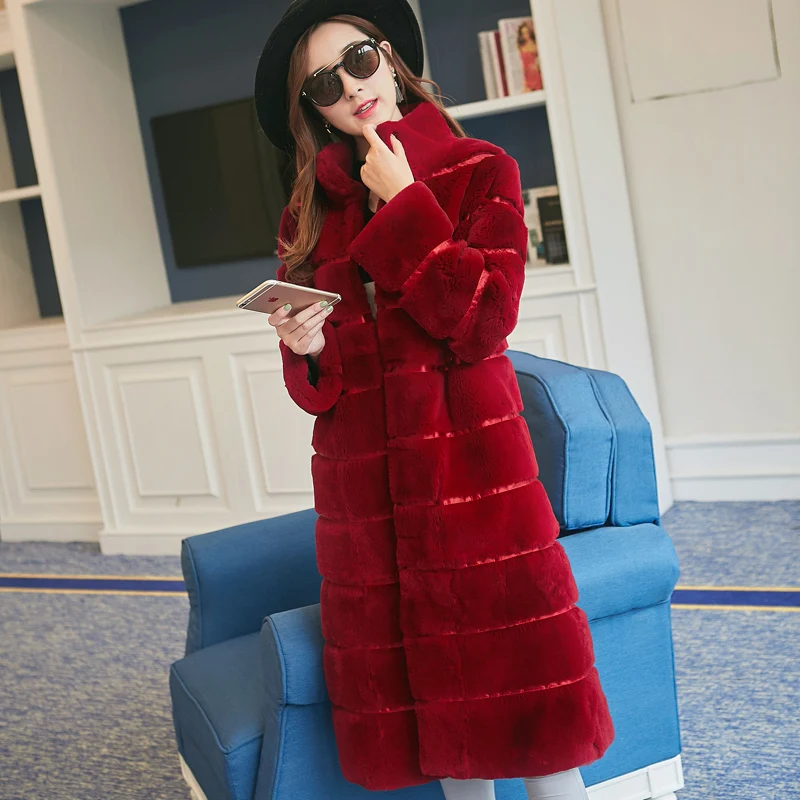 

Fashion striped natural rex rabbit fur coat outerwear women stand collar long design warm fur overcoat 2017 autumn winter g8d25