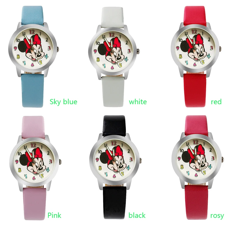 الأزياء الكرتون فتاة جميلة ميني ماوس نمط اللون عدد الهاتفي الأطفال الطلاب الفتاة جلد ساعة كوارتز صغيرة الحجم