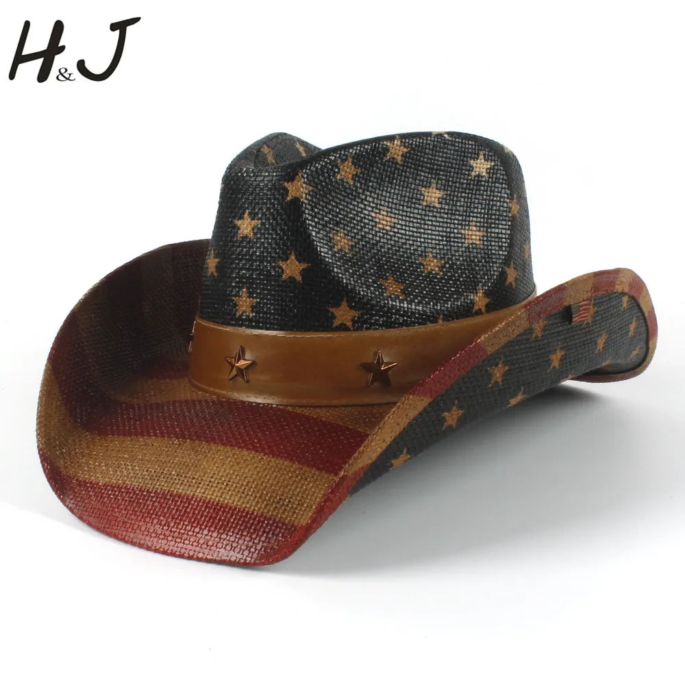 

Summer Straw Women Men Western Cowboy Hat With American Flag For Dad Sombrero Hat