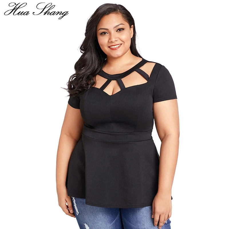 

2018 Fashion Women Summer Short Sleeve Casual Peplum Blouse Elegant Hollow Out O Neck Sexy Women Top Plus Size Ladies Tops Black