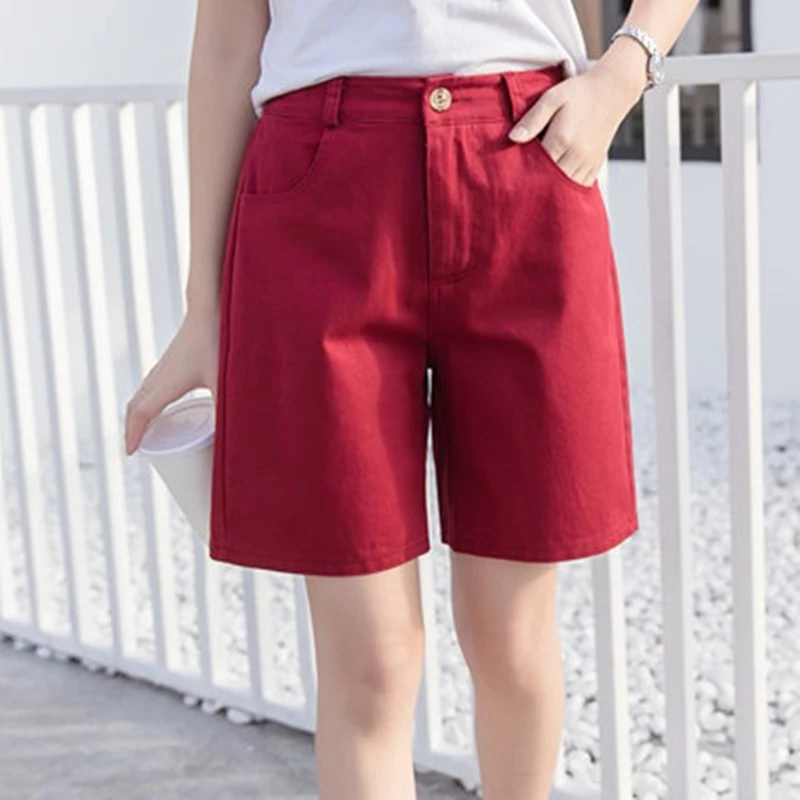 Красные женские летние шорты с карманами и пуговицами, шорты с высокой талией, женские льняные шорты, повседневные свободные шорты размера плюс S-3XL - Цвет: red