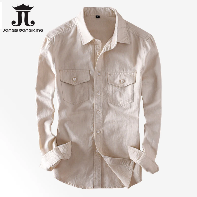 Meilleur Nouveau toile de Coton chemises hommes casual manches Longues Double poche chemise blanche pour homme doux Respirant chemises camisa masculina