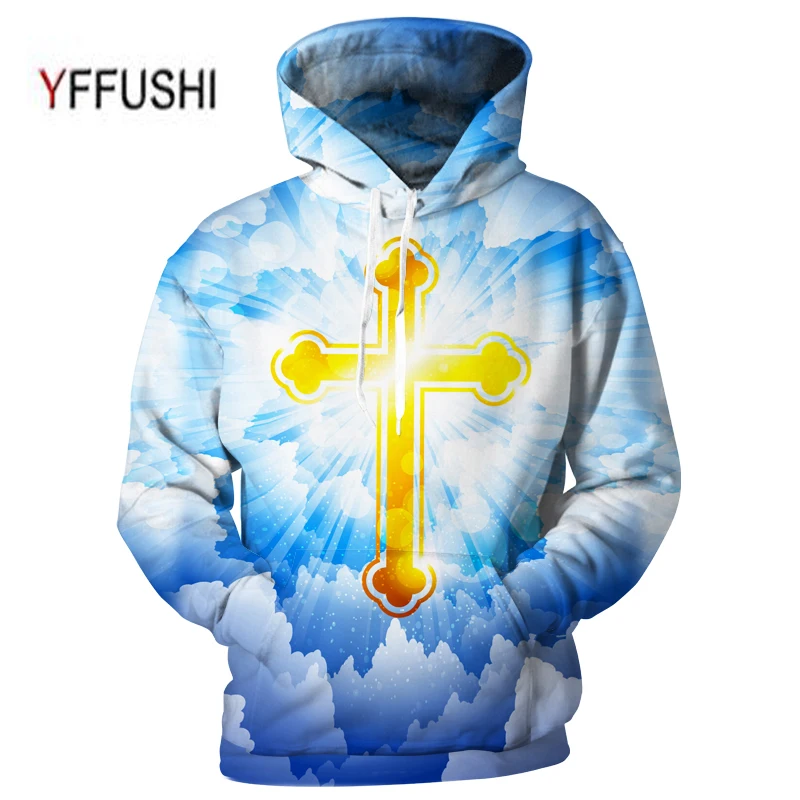 YFFUSHI 2018 Male Full Sleeve Hoodies Cross In Sky 3d Print Pullovers