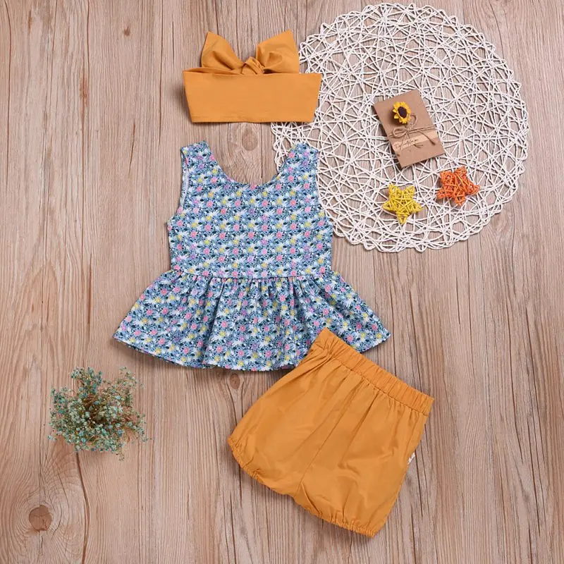 Chinese Style Summer Casual Baby Girl Floral Sleeveless Garment Kit Kid Three-piece Outfit Set Newborn Baby Girl Clothes