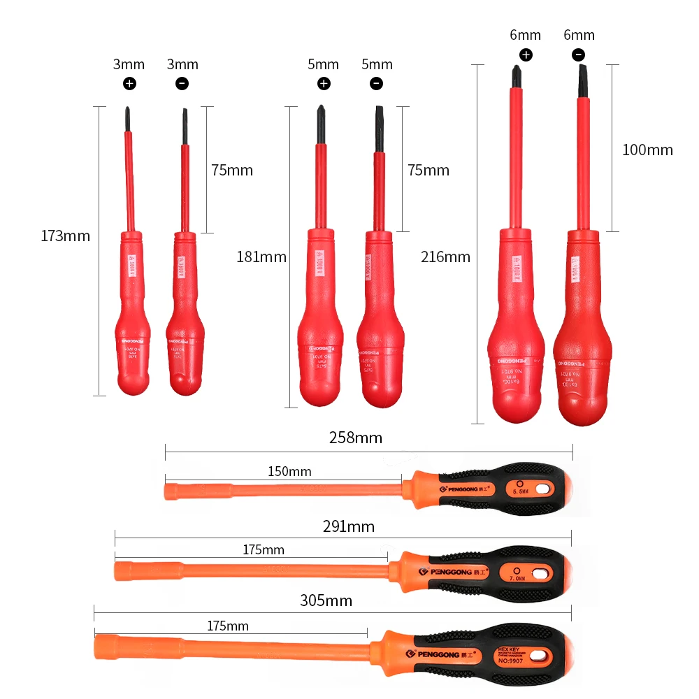 

9pcs Screwdrivers Set 1000V Insulated with Magnetic Slotted Phillips Bits and Hex Sockets Electrical Work Repair Tools Kit