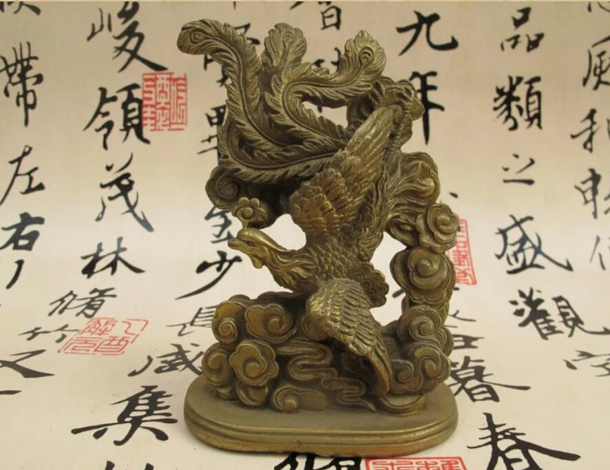 

free Chinese folk Classic Brass Copper Carved Phoenix Bird Royal Statue fast